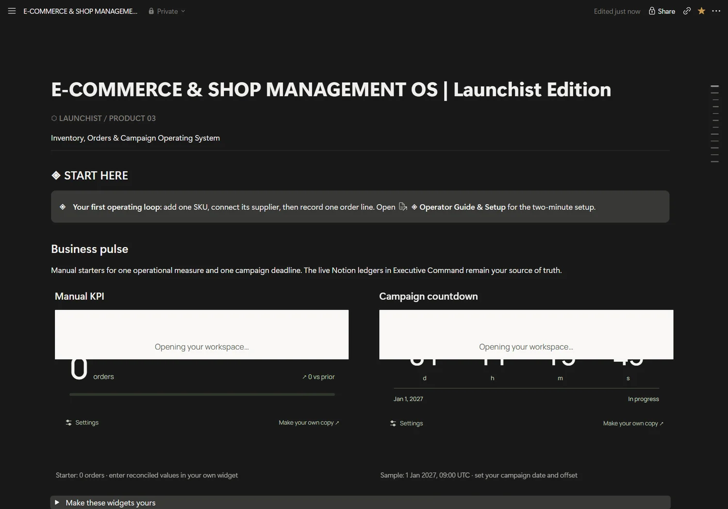 Actual E-Commerce & Shop Management OS Notion dashboard preview