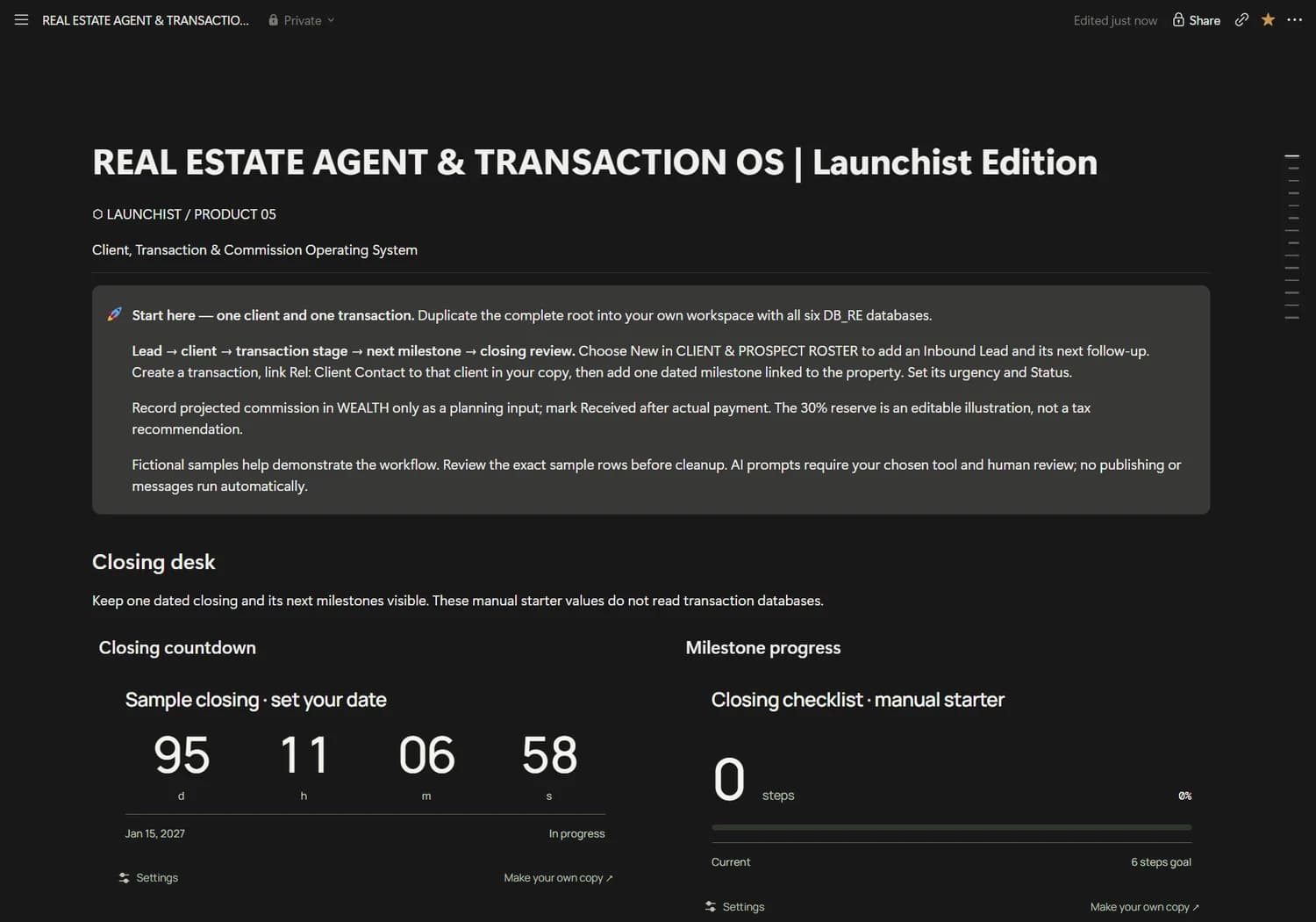 Actual Real Estate Agent & Transaction OS Notion dashboard preview