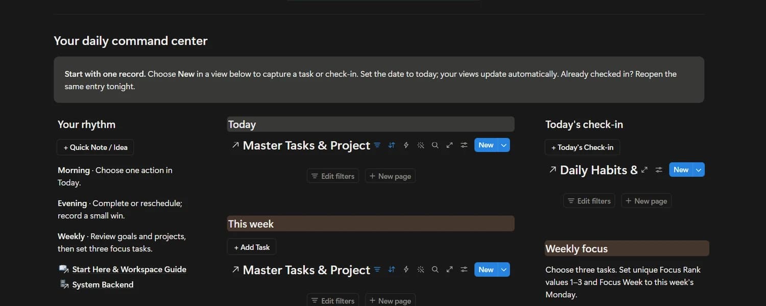 Actual Second Brain and 2027 Life OS daily planning views in Notion